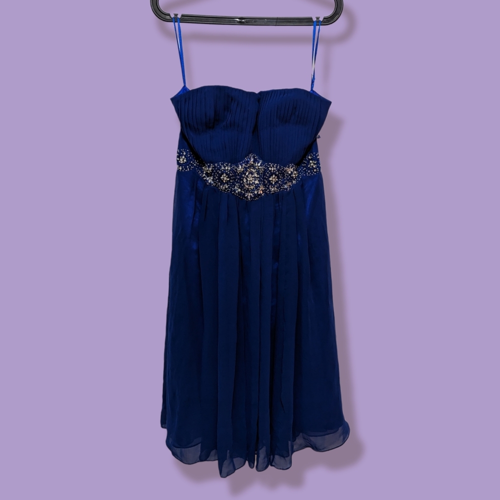Strapless Jewel Detail Waist Blue Cocktail Dress, Size 12.